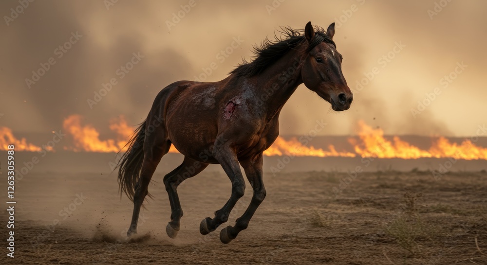 Wildfire Escape: A Horse's Courage - A lone horse bravely runs from a raging wildfire, symbolizing resilience, survival, nature's fury, the fragility of life, and the power of instinct Wildfire Escape: A Horse's Courage - A lone horse bravely runs from a raging wildfire, symbolizing resilience, survival, nature's fury, the fragility of life, and the power of instinct