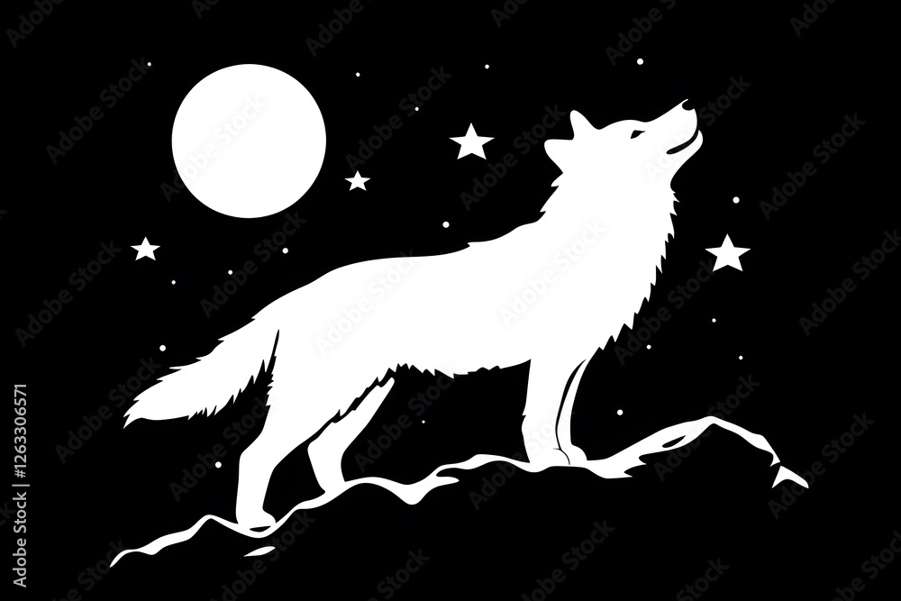 Fototapeta premium Wolf's Serenade: Under a moonlit sky, a lone wolf silhouetted against the stars, its head tilted skyward as if howling at the moon.