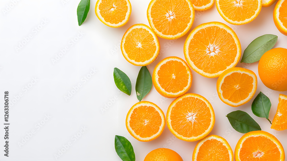 Fresh orange slices and whole oranges with green leaves create vibrant display. bright colors and natural elements evoke sense of freshness and health Fresh orange slices and whole oranges with green leaves create vibrant display. bright colors and natural elements evoke sense of freshness and health