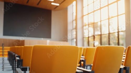 Defocused business conference hall with sleek interior, natural light through glass windows, contemporary open-space design, blurred corporate workspace photo