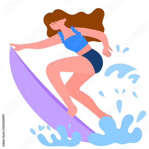 Female surfer riding a wave on surfboard, summer sport, flat vector illustration
