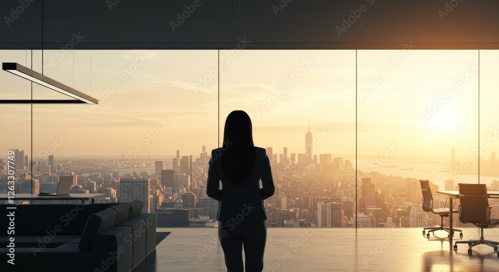Fototapeta premium City Sunrise Vision - A woman silhouetted against a cityscape at sunrise, symbolizing ambition, success, opportunity, perspective, and future