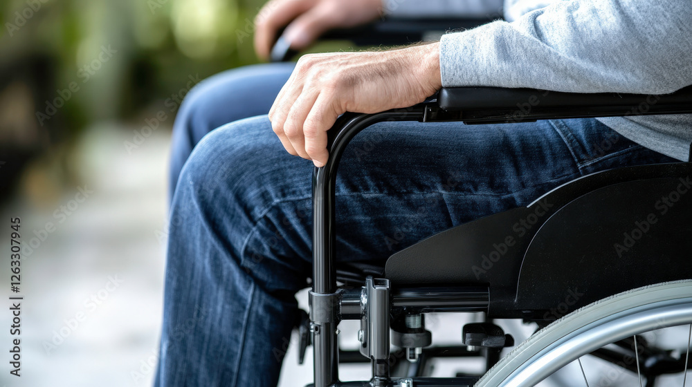 Obraz premium Hands gripping the armrests of wheelchair, showcasing mobility assistance and independence for individuals with physical disabilities in urban setting
