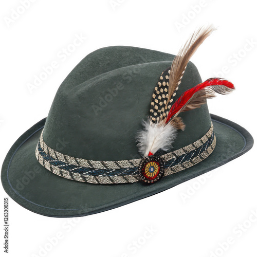 Traditional German alpine hat isolated on transparent background, classic bavarian oktoberfest accessory with feather, png