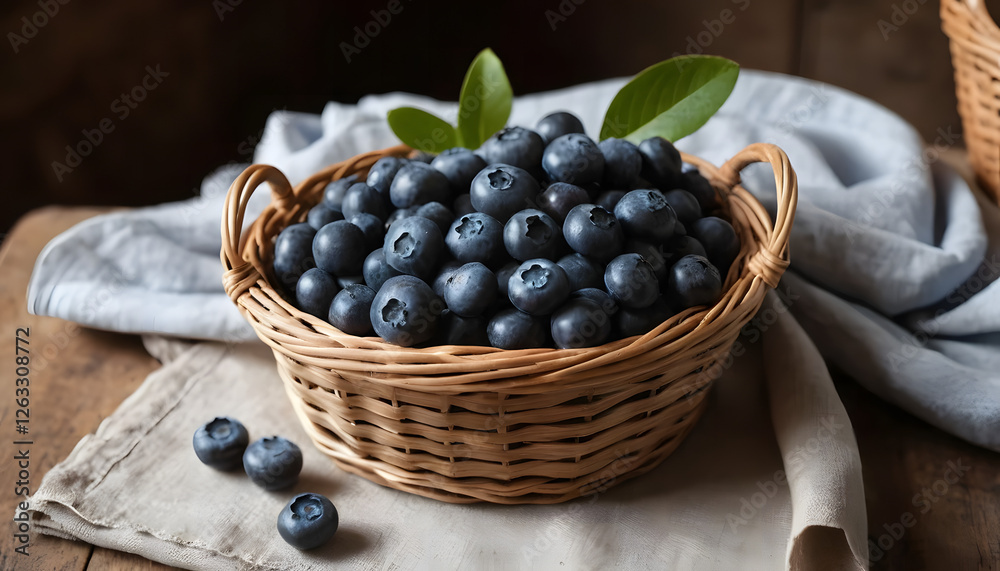 Blueberry branch, Basket of fresh blueberries on a wooden table with green leaves, rustic style, wholesome fruits, copy space Blueberry branch, Basket of fresh blueberries on a wooden table with green leaves, rustic style, wholesome fruits, copy space