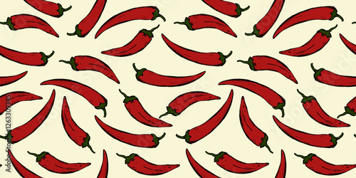 Seamless vector pattern of chili peppers on a beige background. Bright juicy peppers drawn in the style of a sketch illustration. Background for wrapping paper, tablecloths, kitchen coasters.