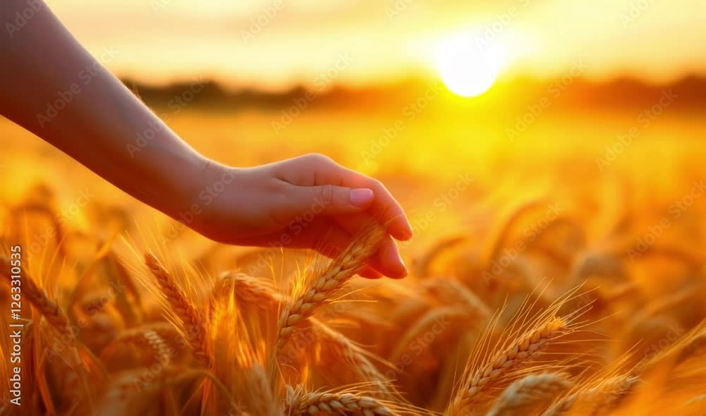 Hand of a woman caressing ears of wheat at sunset Hand of a woman caressing ears of wheat at sunset