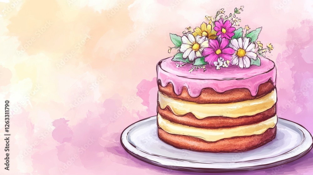 A hand-drawn design of a layered cake with vibrant icing and fresh flowers on top, set on a modern white cake plate against a soft, pastel-colored background. A hand-drawn design of a layered cake with vibrant icing and fresh flowers on top, set on a modern white cake plate against a soft, pastel-colored background.