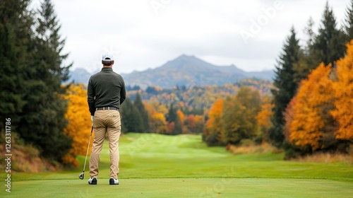 Elegant male golfer perfecting swing on scenic golf course autumn landscape sports photography outdoor view