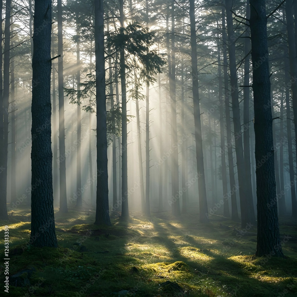 Fototapeta premium Mystical Foggy Forest with Sunlight Filtering Through Trees Peaceful Forest with Morning Rays beautiful forest natural background dynamic forest scene 4k HD high quality wallpaper background
