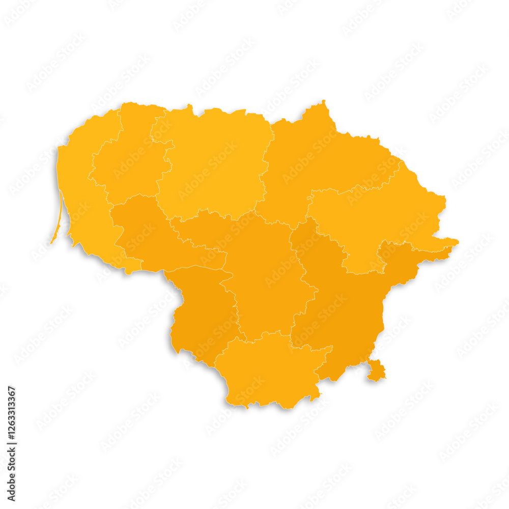 Fototapeta premium Lithuania map with border highlighted regions, states, isolated on white background. Template map of Lithuania. Detailed vector illustration.