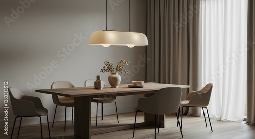 Dining Room Interior with Modern Pendant Light and Wooden Table Setting