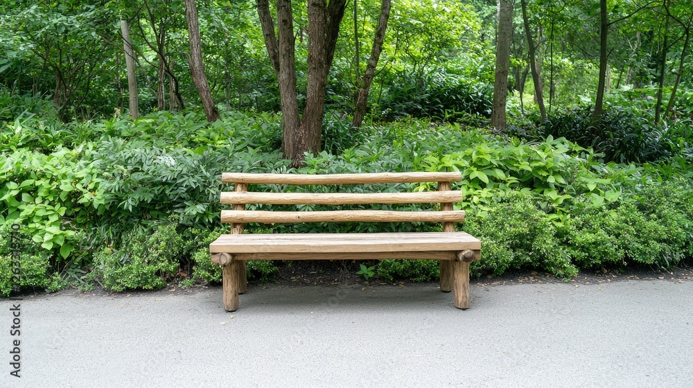 Empty wooden park bench in lush green garden, serene outdoor seating, peaceful nature scene, suitable for relaxation, and tranquil park background Empty wooden park bench in lush green garden, serene outdoor seating, peaceful nature scene, suitable for relaxation, and tranquil park background