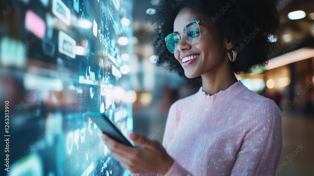 Naklejka premium Young woman smiling while using smartphone in a modern tech environment with digital interface and colorful graphs creating an innovative atmosphere