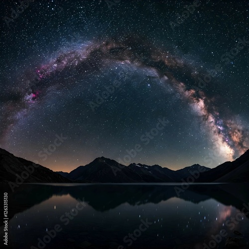 Fototapeta Naklejka Na Ścianę i Meble -  Starry Night Sky with Milky Way and Mountain Silhouettes Milky Way arch and starry sky reflected on lake at high altitude on the Alps. Fisheye scenic distortion and 180 degree view. 4k hd high quality
