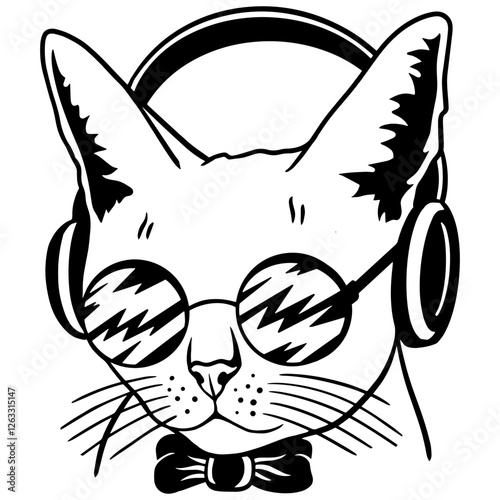 Cool cat illustration in black and white. Stylish feline wearing headphones, round sunglasses with lightning reflections, and a bow tie. Perfect for tattoos, posters, T-shirt prints, and digital art.