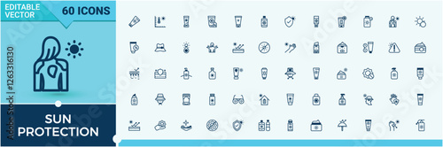 Set of Sun Protection line icons. It contains symbols to ray, umbrella, cosmetic, glasses, rays, sunbath, sunglasses and more. Outline icon. Vector illustration in modern line style.