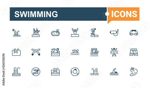 Swimming collection. Includes thin line swim, swimsuit, swimming, health, beach, exercise and more. Outline icon. Solid line editable vector illustration.