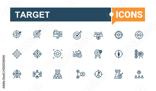 Set of Target line icons. Featuring award, man, mark, arrow, market, target, progress and more. Minimal icon. Vector outline and solid icons collection.