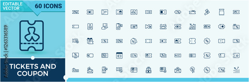 Tickets And Coupon modern icons set. Icons member, theater, gift, on, business, movie, admission and more. Pixel perfect. Editable vector outline and solid icons.
