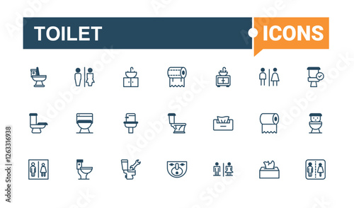 Toilet collection. Includes icons for wc, gender, universal, bath, room, public, mother and more. Flat icon design. Vector line and solid icons.