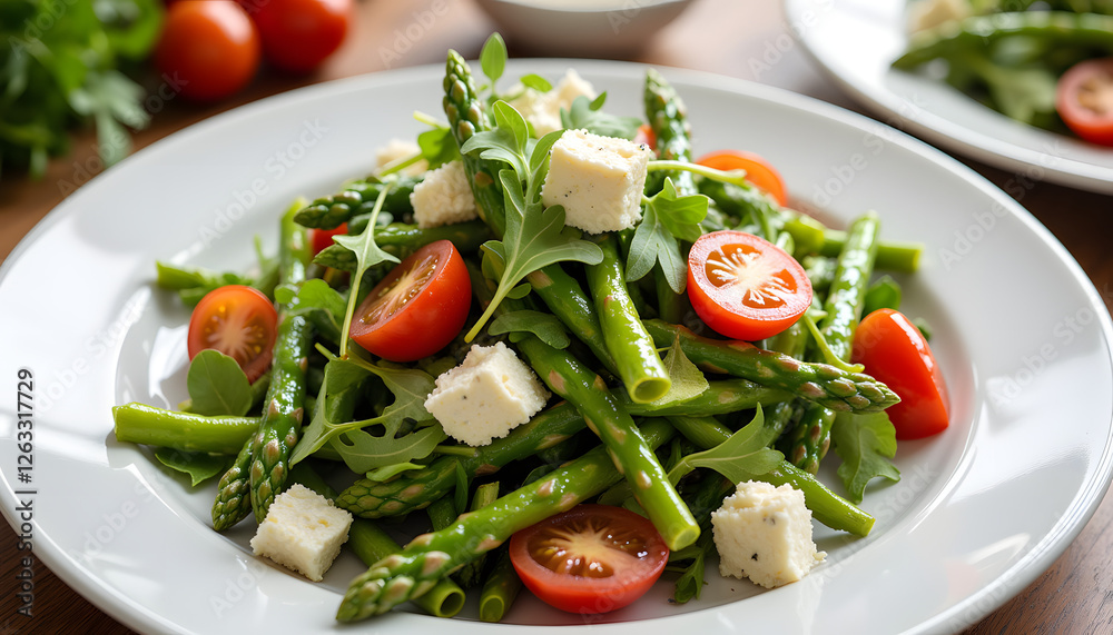Fresh salad with asparagus and cherry tomatoes on white plate Fresh salad with asparagus and cherry tomatoes on white plate