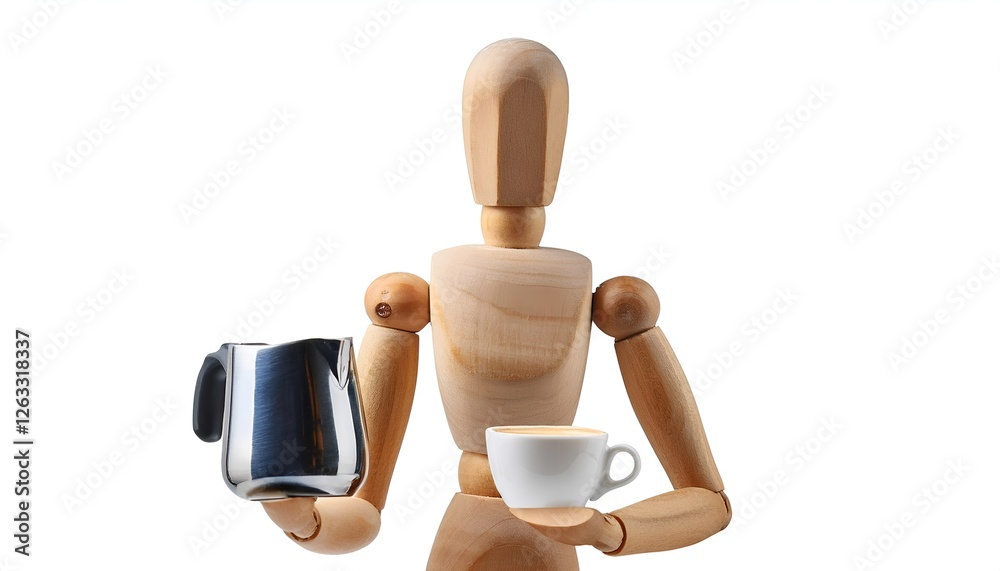 Wooden mannequin barista holding a coffee cup and milk frother, isolated on white background. Perfect for coffee shop themes, barista training, and café advertising. Wooden mannequin barista holding a coffee cup and milk frother, isolated on white background. Perfect for coffee shop themes, barista training, and café advertising.