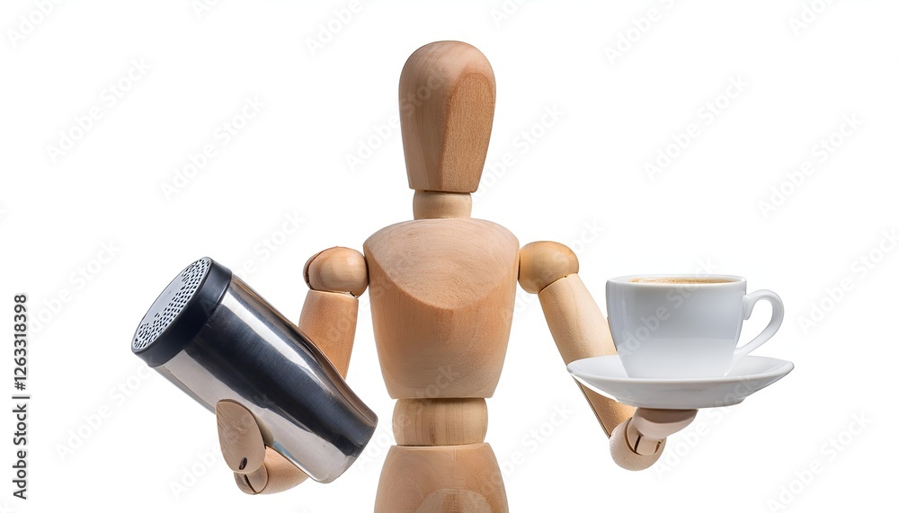 Wooden mannequin barista holding a coffee cup and milk frother, isolated on white background. Perfect for coffee shop themes, barista training, and café advertising.