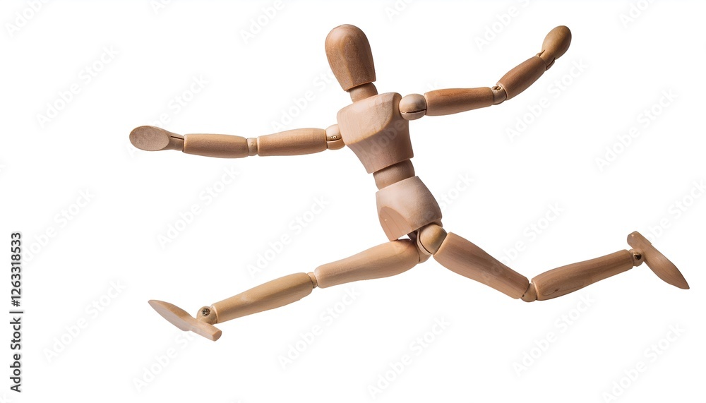 Wooden mannequin mid-jump, with a motion freeze effect, isolated on white background. Perfect for sports, fitness, and dynamic action themes. Wooden mannequin mid-jump, with a motion freeze effect, isolated on white background. Perfect for sports, fitness, and dynamic action themes.