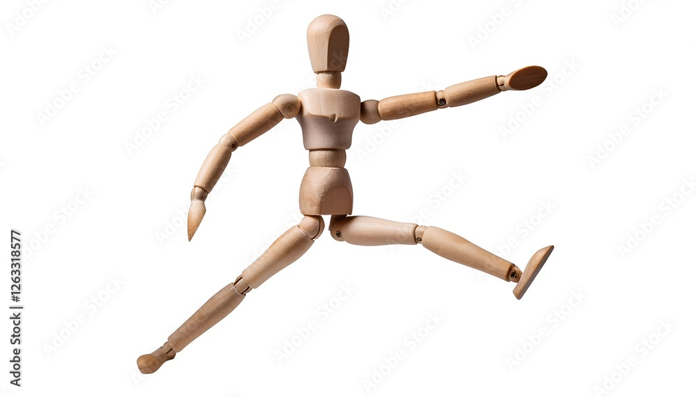 Wooden mannequin mid-jump, with a motion freeze effect, isolated on white background. Perfect for sports, fitness, and dynamic action themes. Wooden mannequin mid-jump, with a motion freeze effect, isolated on white background. Perfect for sports, fitness, and dynamic action themes.