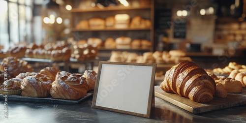 Blank sign for text on a counter in a bakery. There are croissants and a beautiful pastry shop all around. AI