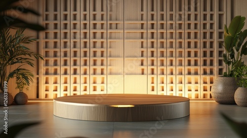 Elegant Wooden Round Display Platform Minimalist Asian Design Interior Background