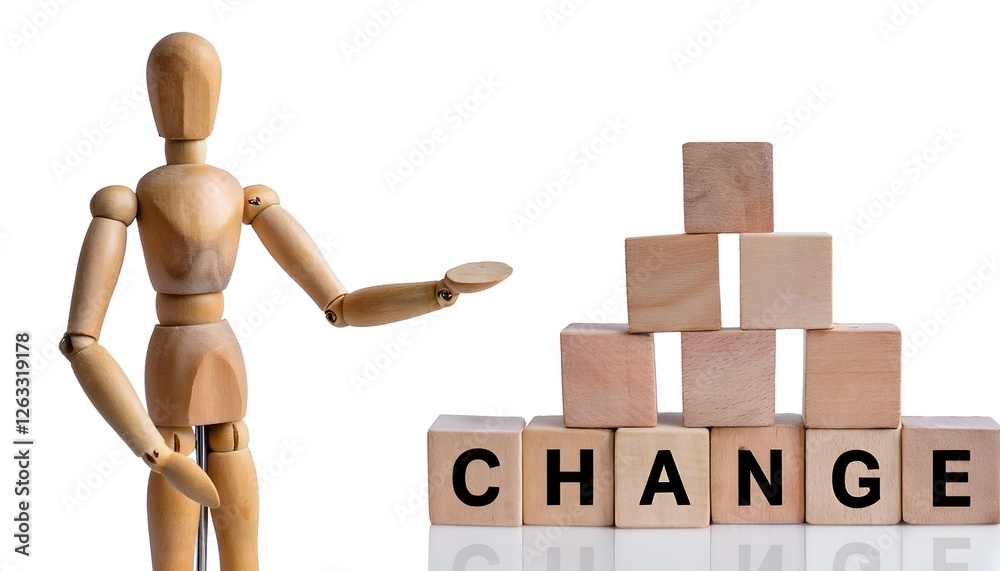 Wooden mannequin with the word Change isolated on white background. Ideal for transformation, motivation, and inspirational themes. Wooden mannequin with the word Change isolated on white background. Ideal for transformation, motivation, and inspirational themes.