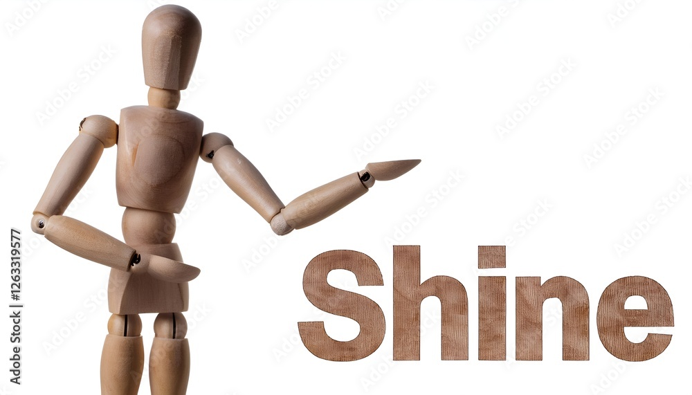 Wooden mannequin with the word Shine isolated on white background. Ideal for positivity, motivation, and inspirational themes. Wooden mannequin with the word Shine isolated on white background. Ideal for positivity, motivation, and inspirational themes.