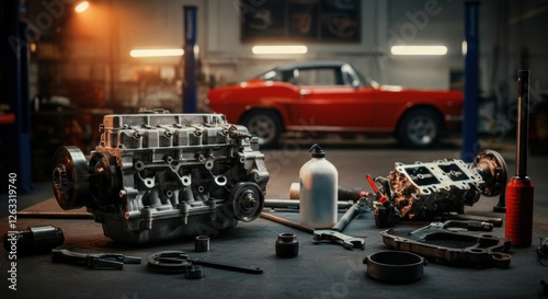 Classic red muscle car in auto shop with engine parts on workbench