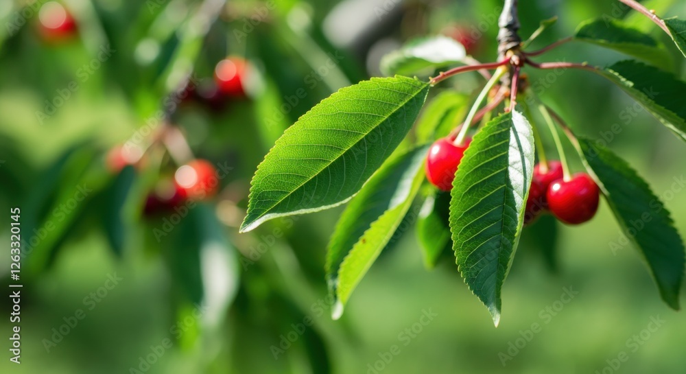 Vibrant red cherries hanging on a tree branch with lush green leaves in sunlight Vibrant red cherries hanging on a tree branch with lush green leaves in sunlight