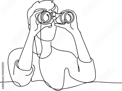 Line Drawing of a Man Observing Love Symbol with Binoculars