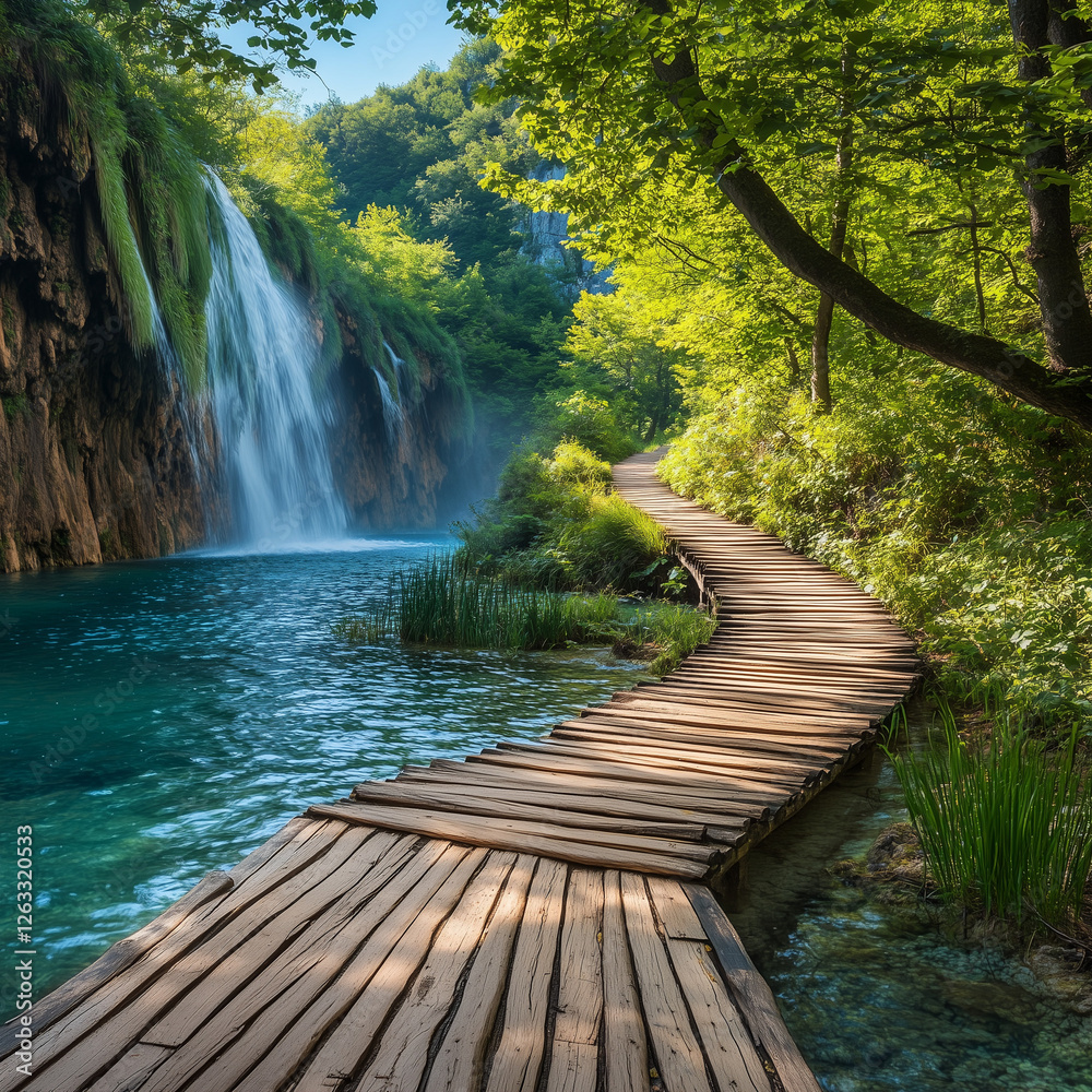 Obraz premium Trekking Through the Tranquil Wooden Path, wooden bridge over the river