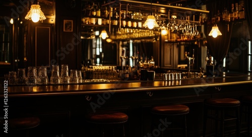 Cozy interior of a dimly lit vintage bar with wooden accents and hanging glassware