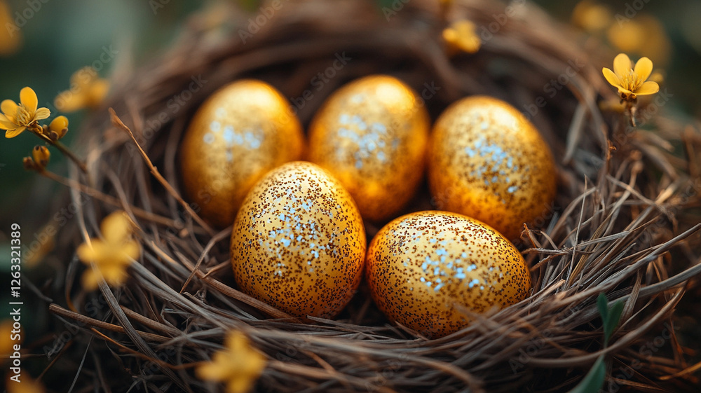 Easter golden eggs in a straw nest. Easter card. Easter golden eggs in a straw nest. Easter card.