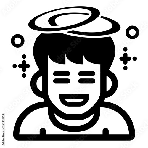 A black and white icon of a person with swirling lines above their head symbolizing dizziness.