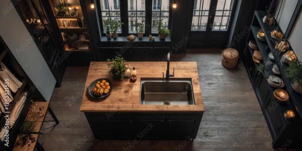 Fototapeta premium Dark Kitchen Island With Wood Countertop And Sink