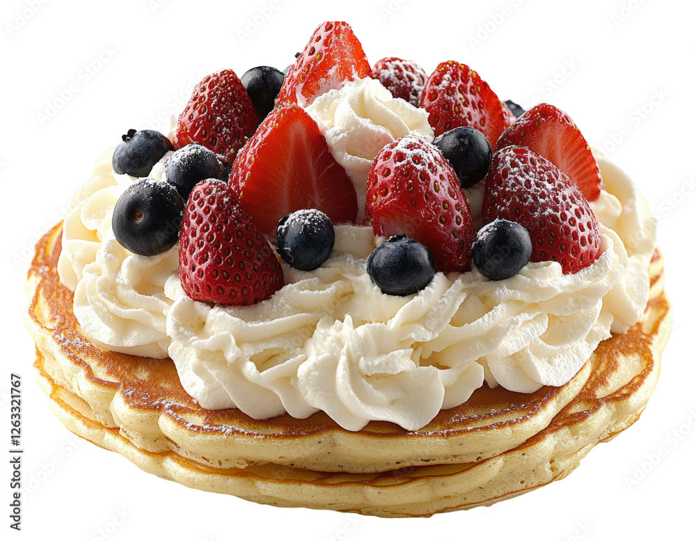 Delicious pancakes with berries and cream breakfast table food isolated on transparent background Delicious pancakes with berries and cream breakfast table food isolated on transparent background