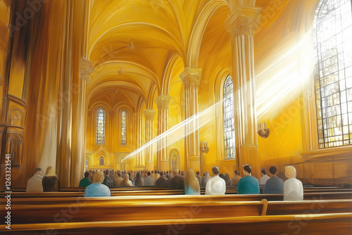 Impressionist Easter Church Service with Sunlit Stained Glass Windows photo