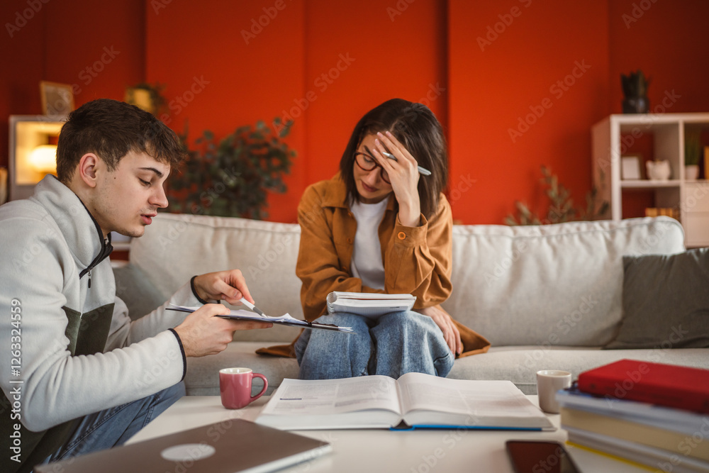 man help and support woman colleague while she study at home man help and support woman colleague while she study at home