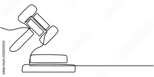 continuous one line drawing of law vJudge's gavel continuous one line drawing minimalism design isolated on white background ector,  A judge hammer is drawn by a single line on a white background. 