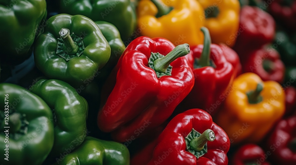 Ripe bell peppers dangle from their plant, displaying a stunning array of red and green hues against lush foliage. This close-up highlights the vibrant colors and fresh produce. Ripe bell peppers dangle from their plant, displaying a stunning array of red and green hues against lush foliage. This close-up highlights the vibrant colors and fresh produce.
