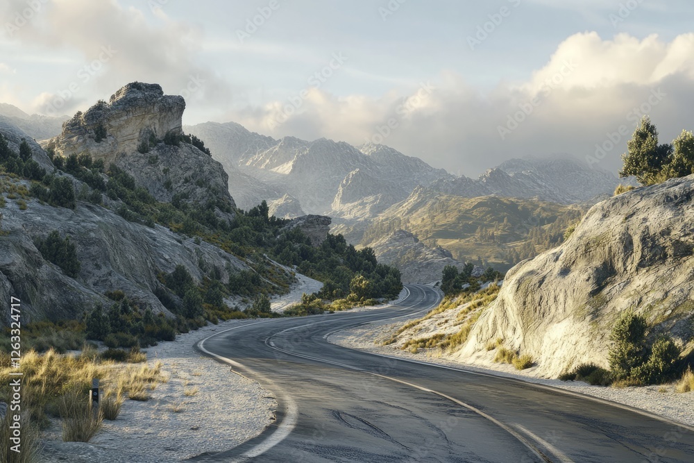 A beautiful and winding mountain road meanders through rugged and untamed terrain, all beneath an expansive, cloudy sky in a secluded and remote location