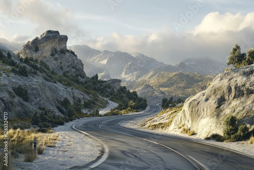 A beautiful and winding mountain road meanders through rugged and untamed terrain, all beneath an expansive, cloudy sky in a secluded and remote location