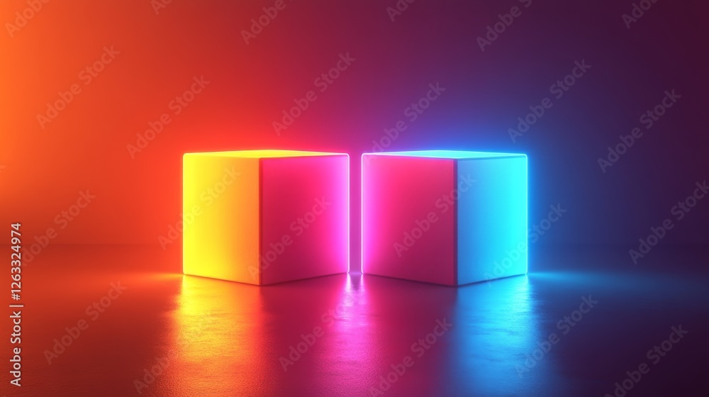 Two cubes of different colors are lit up and placed on a dark floor Two cubes of different colors are lit up and placed on a dark floor